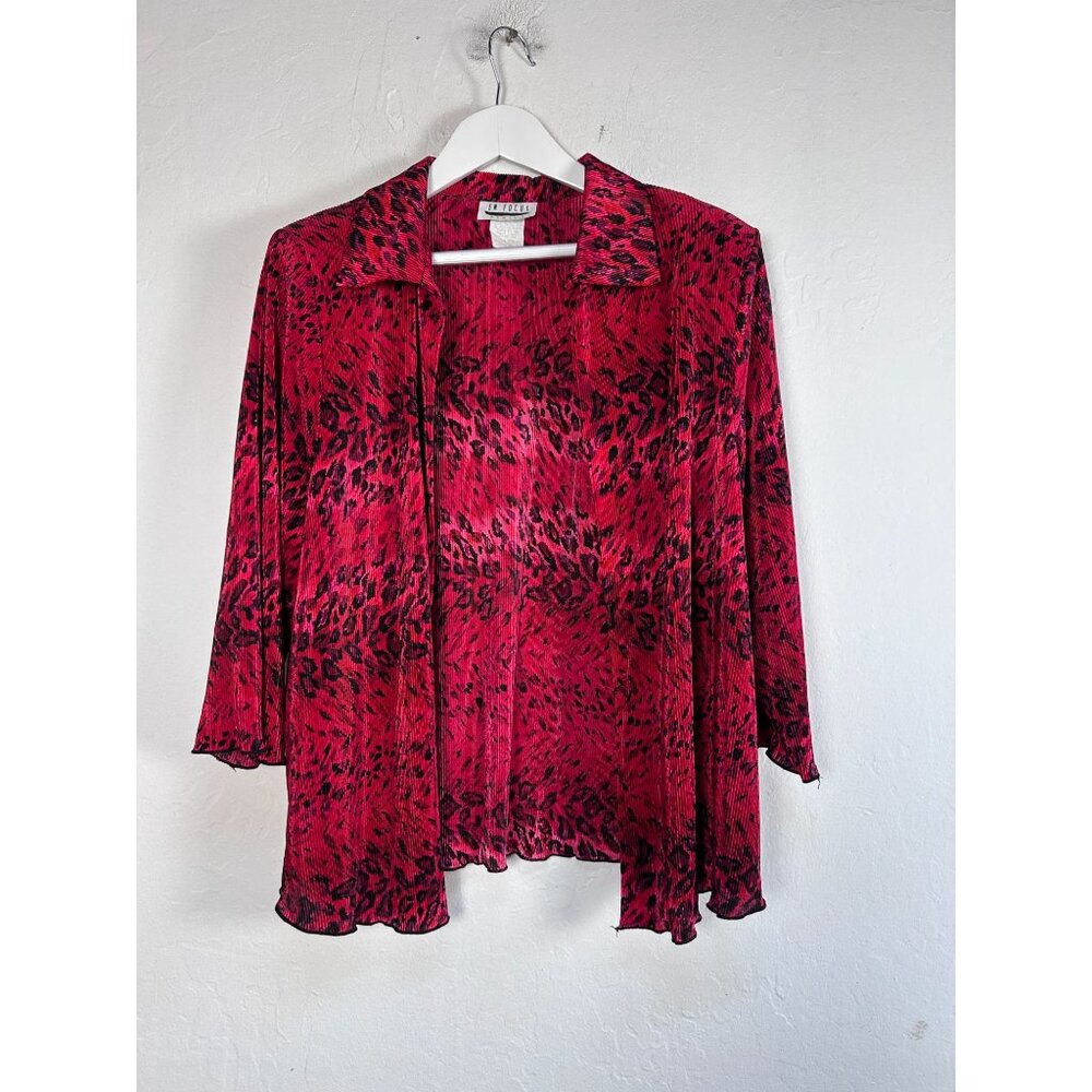 En Focus Womens Red & Black Animal Print Pleated Open Front Cardigan Jacket